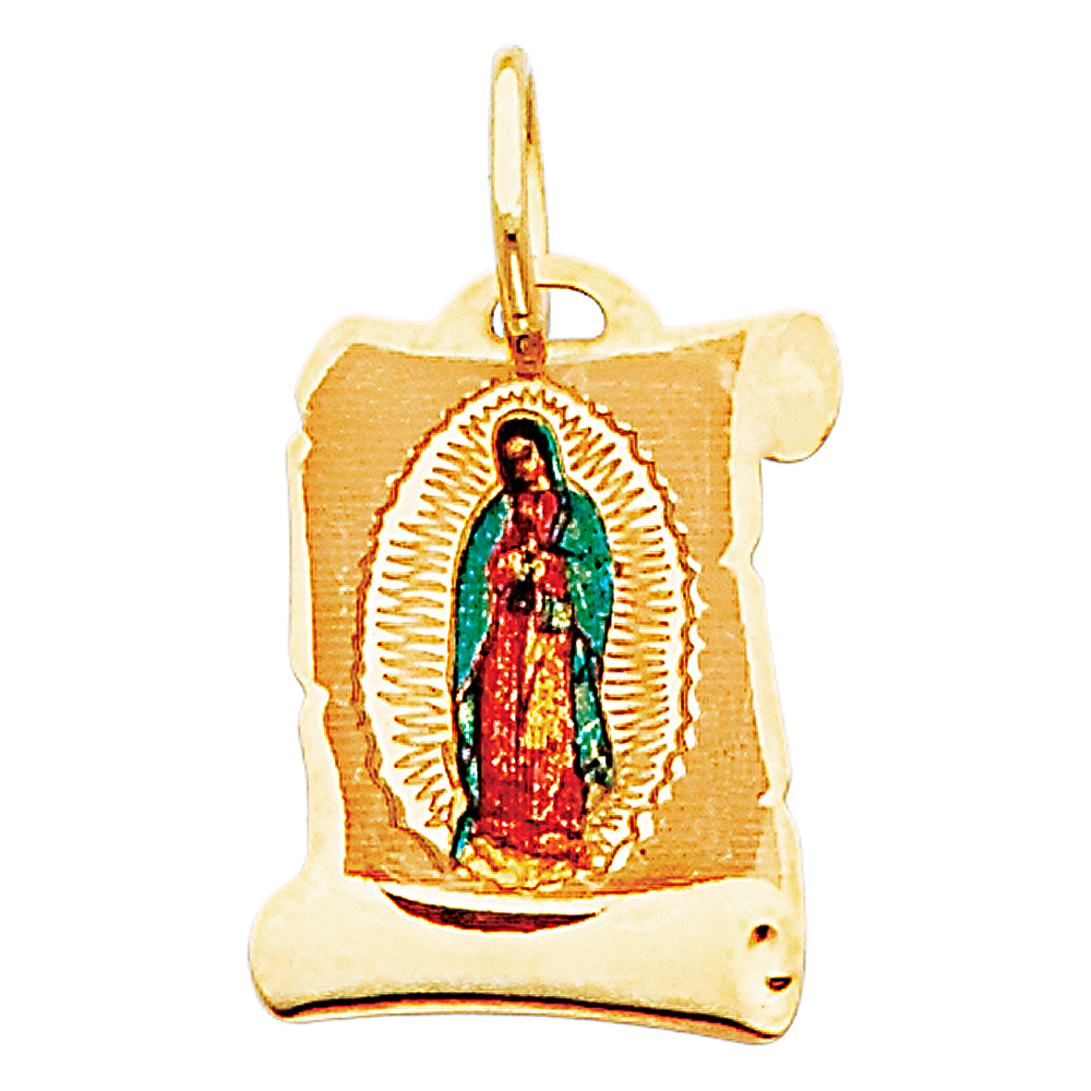 14K Yellow Gold Small Religious Virgen De Guadalupe Picture Charm Pendant